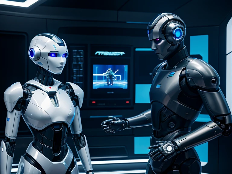 In a futuristic laboratory filled with glowing screens and intricate machinery, two advanced robots engage in conversation. The camera employs a smooth tracking shot, moving alongside the robots as they converse. Their sleek metallic surfaces reflect the ambient light, creating a high-tech atmosphere. As they walk and talk, their LED eyes blink rhythmically, and their articulated joints move with precision. The background, with its array of technological wonders, blurs slightly to keep the focus on the robots. The dialogue between them, filled with synthesized voices and occasional mechanical sounds, delves into topics of artificial intelligence and their purpose. The camera maintains a consistent pace, following their interaction closely and capturing the essence of their conversation and the sophisticated environment they inhabit.