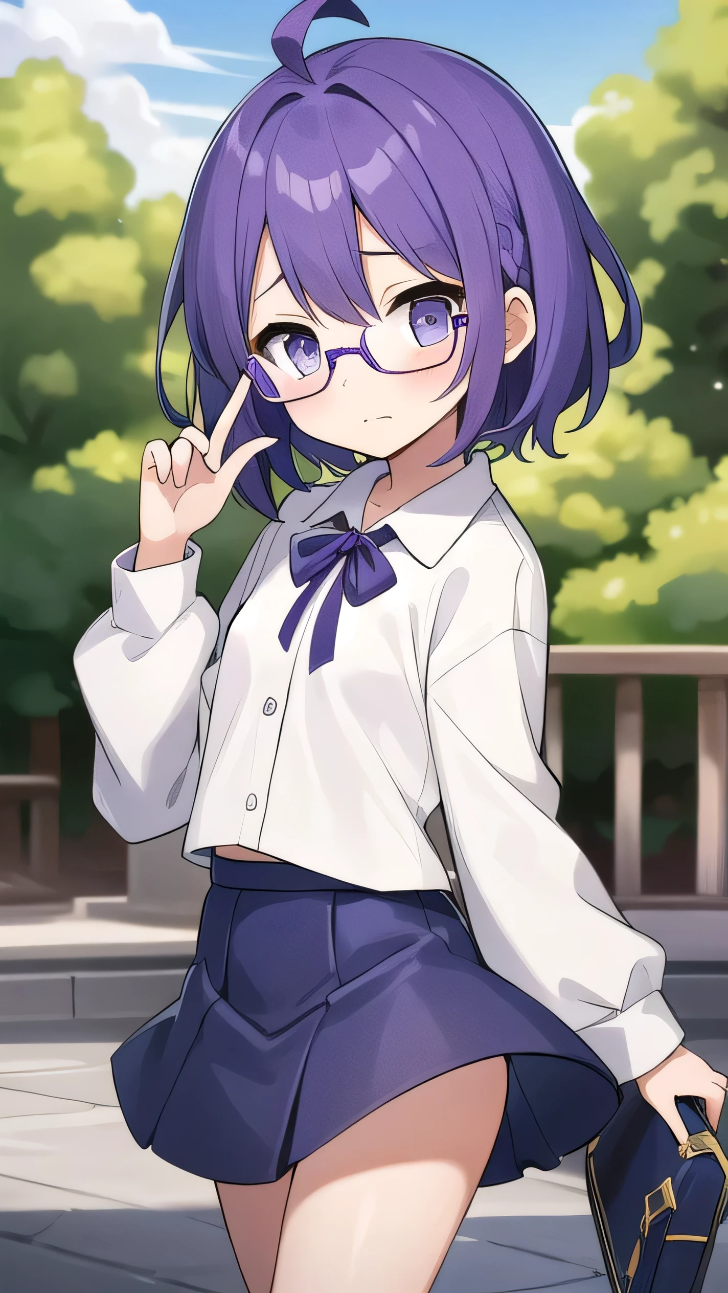 (Purple hair:1.4), gray eyes, white , navy blue miniskirt, 11 years old, short, short long hair, kind expression, shy, , almost no breasts, slightly exposed. hair,(flipped hair ), flipped hair, long sleeves, ahoge, girl alone, flipped hair, flipped hair, flipped hair, flipped hair, glasses with no edges, embarrassed, flat chest