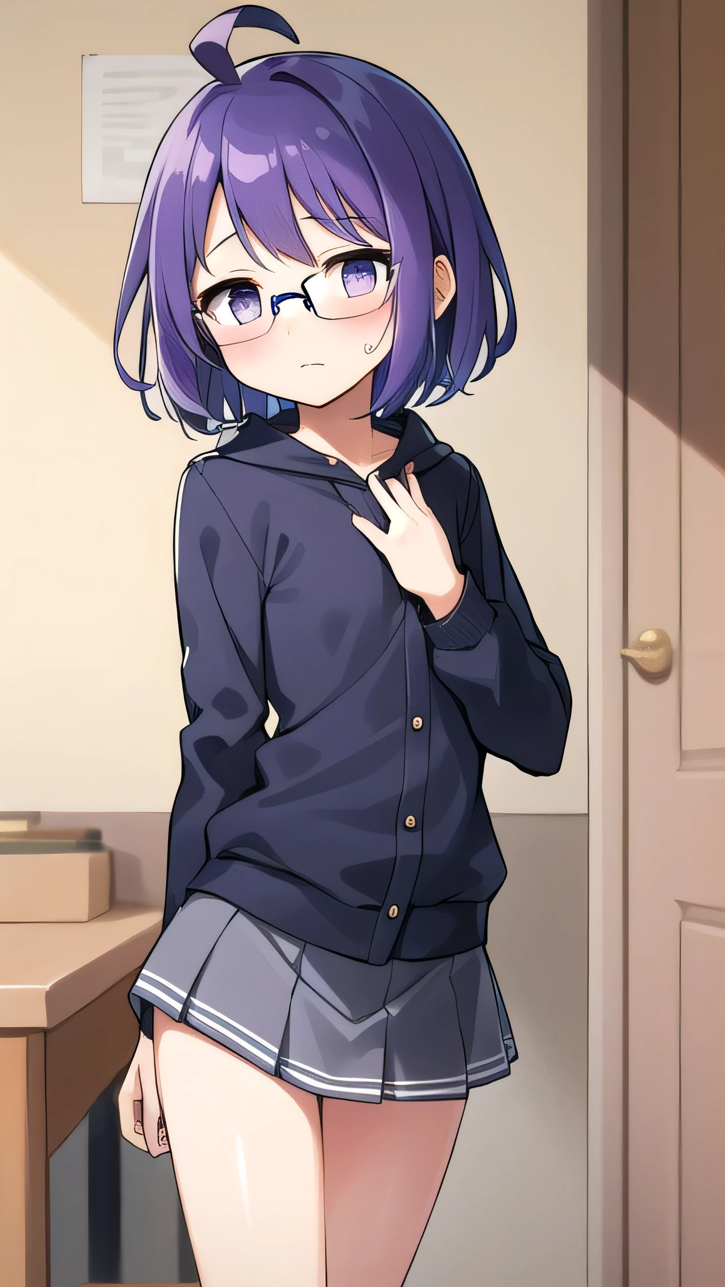 (Purple hair:1.4), gray eyes, white , navy blue miniskirt, , short, short long hair, kind expression, shy,almost no breasts, slightly exposed. hair,(flipped hair ), flipped hair, long sleeves, ahoge, girl alone, flipped hair, flipped hair, flipped hair, flipped hair, glasses with no edges, embarrassed, flat chest，(topless :1.5), nipples are visible