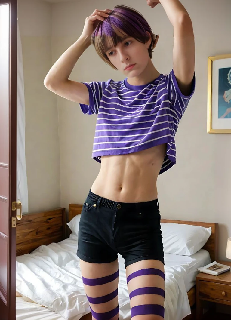 full body photo of a young teenage boy with feminine features and a soft skin weak skinny body, European American, gay, Femboy, youthful sensuality, in striped stockings stripping his bedroom, striped, striped thighhighs, arms up, hyper-realistic, hyper-detailed, micro and macro quality, immersive, 64k UHD, male focus, indoors, purple hair, short hair, standing, no pants, striped panties, shirt above head, arms raised, taking off shirt.