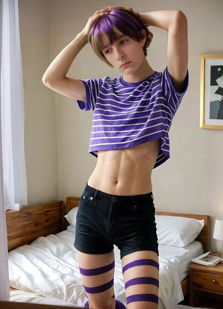 full body photo of a young teenage boy with feminine features and a soft skin weak skinny body, European American, gay, Femboy, youthful sensuality, in striped stockings stripping his bedroom, striped, striped thighhighs, arms up, hyper-realistic, hyper-detailed, micro and macro quality, immersive, 64k UHD, male focus, indoors, purple hair, short hair, standing, no pants, striped panties, shirt above head, arms raised, taking off shirt.