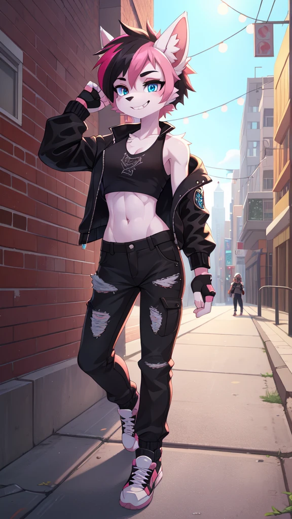 furry girl, dog, dog ears, multicolored hair, pink hair, black hair, mohawk, makeup, black eyeshadows, blue eyes, ((fingerless gloves, black rock jacket, open clothes, tank top, midriff, pants, shoes)), narrowed eyes, detailed body fur, detailed face, detailed eyes, glistering body, shiny body, gorgeous body, skinny, solo, :3, white body fur, sharp teeths, grin, street, clear sky,