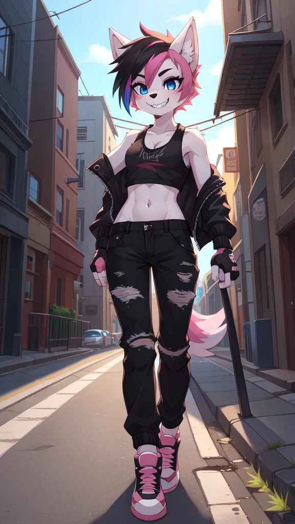 furry girl, dog, dog ears, multicolored hair, pink hair, black hair, mohawk, makeup, black eyeshadows, blue eyes, ((fingerless gloves, black rock jacket, open clothes, tank top, midriff, pants, shoes)), narrowed eyes, detailed body fur, detailed face, detailed eyes, glistering body, shiny body, gorgeous body, skinny, solo, :3, white body fur, sharp teeths, grin, street, clear sky,