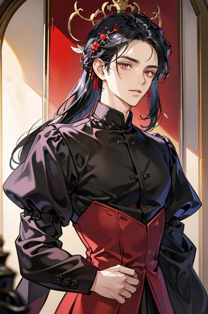 black haired man, Internal Power, In the palace, red black dress