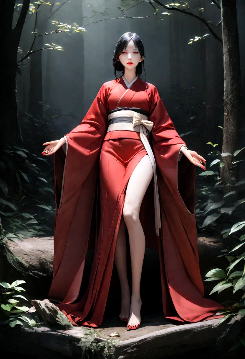 Highest quality、masterpiece、Ultra-high resolution、Raw photo(Realism:4K)、Raw photo(Thin legs) (Perfect figure)、A beautiful woman wearing a beautiful red kimono with a white sash, her head is 50cm.cmClose-up of a stretched, scary figure, epic fantasy game art, Red fingernails and eyes, Standing in the woods with a dim night background、Fair skin and beautiful red lips、Deep Shadow、Low Key、Cold light 12000K