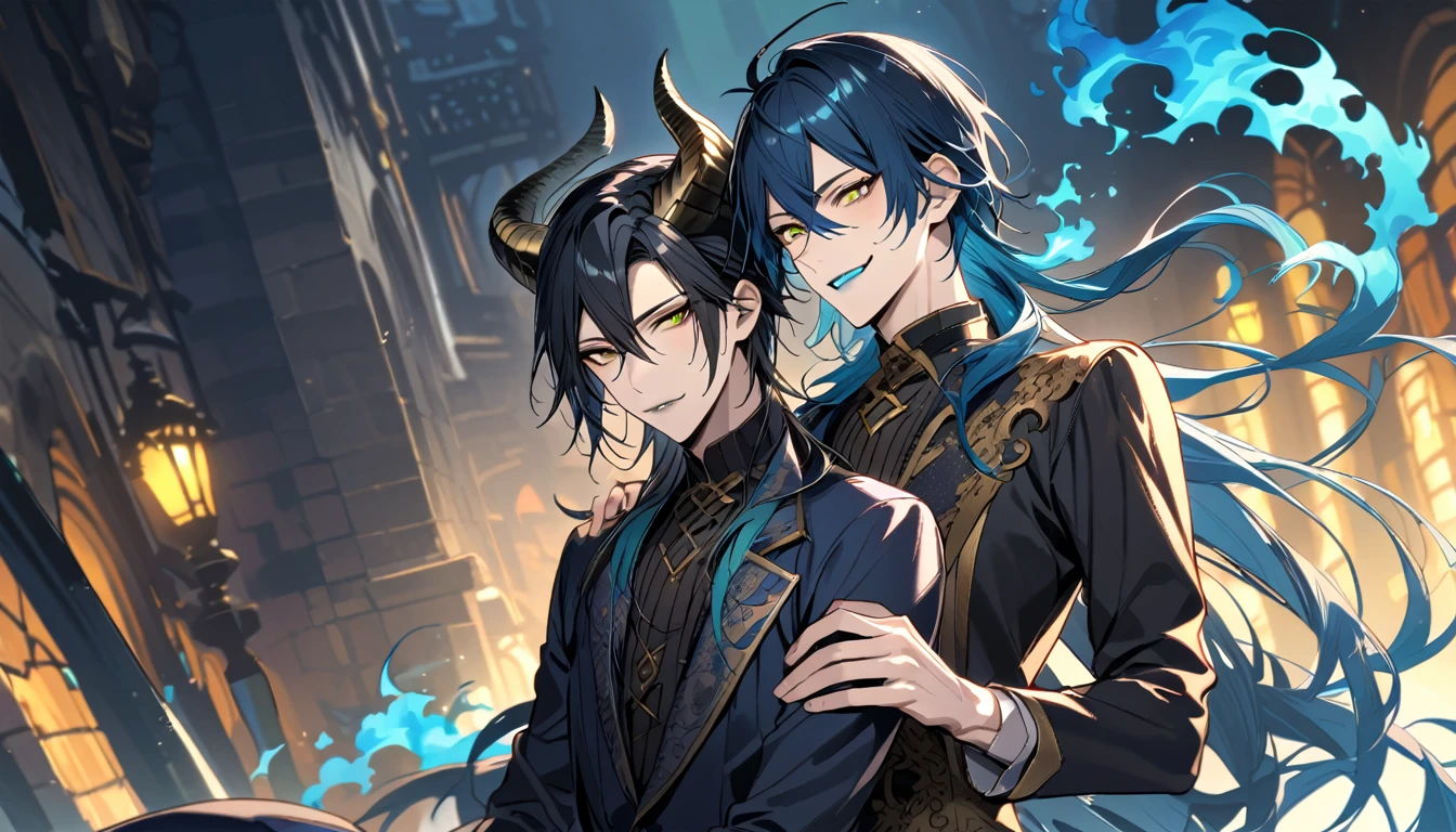 (pieces fly), (highest quality), very detailed, ((two men)), perfect face, beautiful face, very detailed face, (black haired man:1.3),(blue haired man:1.3),suit,shirt,smile,flower, (1st boy,Idia Shroud, bishounen, boy, male, extremely long hair, blue hair, blue fire hair, wavy hair, yellow eyes, tired expression, blue lips, handsome, skinny, geeky, blue glow, shark teeth,) (2nd boy, malleus draconia \(twisted wonderland\) horns, bishounen, boy, male, long hair, black hair, yellow green eyes, smile, gray lips, handsome, skinny, tall, yellow green glow,) Two men are hugging each,