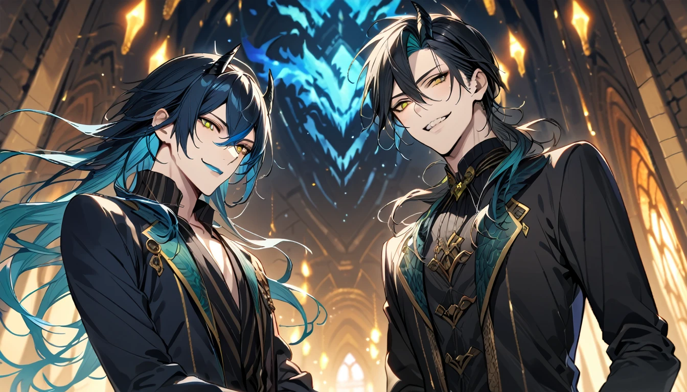 (pieces fly), (highest quality), very detailed, ((two men)), perfect face, beautiful face, very detailed face, (black haired man:1.3),(blue haired man:1.3),suit,shirt,smile,flower, (1st boy,Idia Shroud, bishounen, boy, male, extremely long hair, blue hair, blue fire hair, wavy hair, yellow eyes, tired expression, blue lips, handsome, skinny, geeky, blue glow, shark teeth,) (2nd boy, malleus draconia \(twisted wonderland\) horns, bishounen, boy, male, long hair, black hair, yellow green eyes, smile, gray lips, handsome, skinny, tall, yellow green glow,) Two men are hugging each,