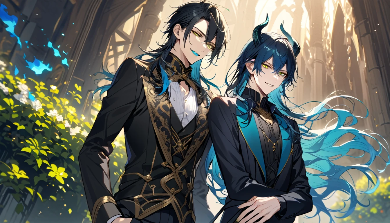 (pieces fly), (highest quality), very detailed, ((two men)), perfect face, beautiful face, very detailed face, (black haired man:1.3),(blue haired man:1.3),suit,shirt,smile,flower, (1st boy,Idia Shroud, bishounen, boy, male, extremely long hair, blue hair, blue fire hair, wavy hair, yellow eyes, tired expression, blue lips, handsome, skinny, geeky, blue glow, shark teeth,) (2nd boy, malleus draconia \(twisted wonderland\) horns, bishounen, boy, male, long hair, black hair, yellow green eyes, smile, gray lips, handsome, skinny, tall, yellow green glow,) Two men are hugging each,