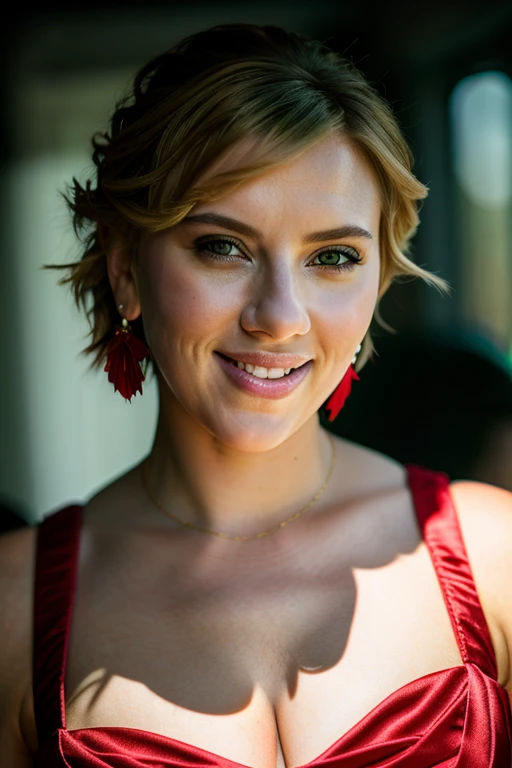 Realistic photo of a beautiful sc4rl3ttj-v2 woman,   1girl, short hair, breasts, smile, blonde hair, dress, cleavage, jewelry, medium breasts, green eyes, upper body, earrings, teeth, solo focus, blurry, lips, sleeveless dress, red dress, freckles, realistic, soft lighting, professional Photography, Photorealistic, detailed, RAW, analog, sharp focus, 8k, HD, DSLR, high quality, Fujifilm XT3, film grain, award winning, masterpiece