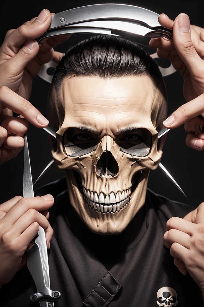 Create a logo image, barbershop,  image with a skull and scissors and razors