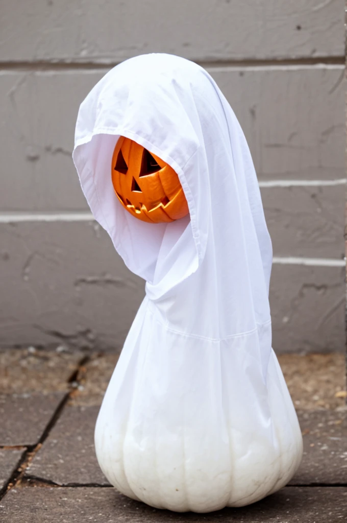 A ghost in white,Next to it is a Jack-o'-lantern,Background is a dark forest at night