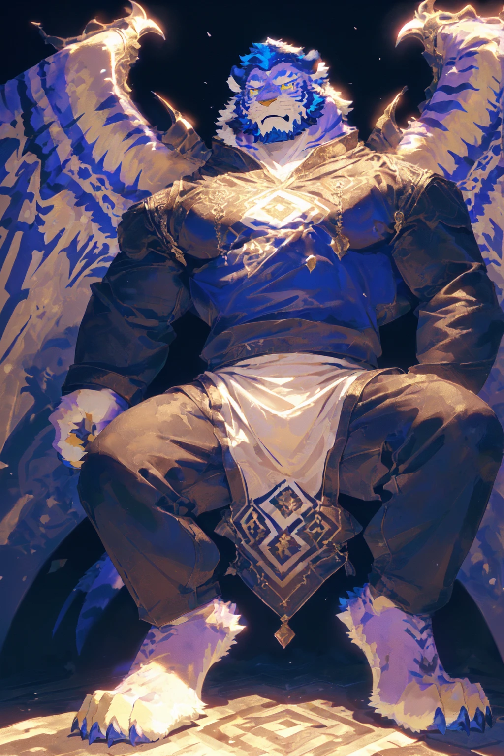 ((middle Ages:1.3,Sky:1.6)),(Royal Family:1.2),sunny,high resolution,4K,【Strike a pose:1.5】,masterpiece,high quality,((Griffin)),male,Furry,(ager:1.3),hairy,((Fierce and vicious:1.4)),(((Strong body:1.4,Big Wings:1.3,Bird claws子:1.3))),(((Blue head:1.3,White abs:1.4))),(((White Wings:1.3))),(((Golden pupils:1.2))),(((Bird claws:1.3))),(((Long legs:1.3))),((No shirt,No underwear)),Exquisite eyes,Detailed body,Detailed claws,Detailed feet