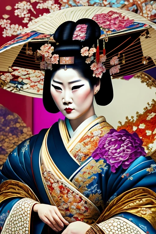 A traditional oil painting masterpiece, capturing a portrait of a geisha bathed in dramatic, somber dark colors. The geisha's elegance is beautifully contrasted by the background, an abstract expressionism of vivid, swirling brushstrokes that evoke a sense of emotion and depth, symbolizing the intricate and complex world of a geisha. The painting is executed with exquisite detail, each stroke of the brush meticulously placed to create a captivating portrait, worthy of admiration in any traditional art gallery.