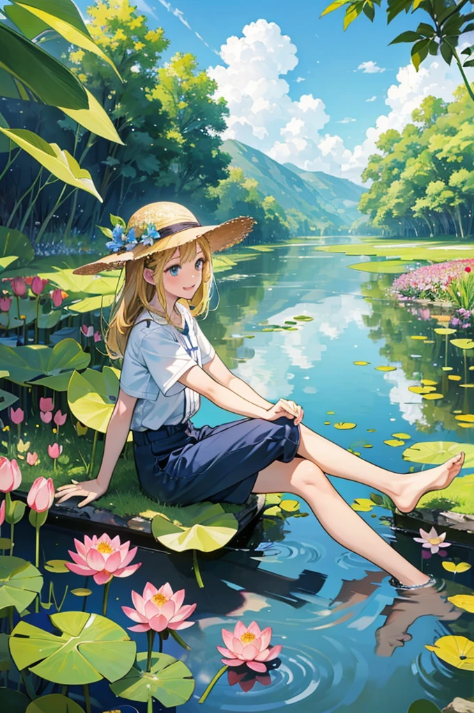 Two lively children,They all wore straw hats,Wear short sleeves and shorts,Roll up your trouser legs,Sitting by the clear pond and laughing,There are tall lotus leaves in the stream。Surrounded by lush greenery and a vast expanse of gorgeous flowers;They contrast beautifully with the blue sky and the hills in the distance.,It forms a peaceful and beautiful picture;In the foreground is a field of colorful flowers。