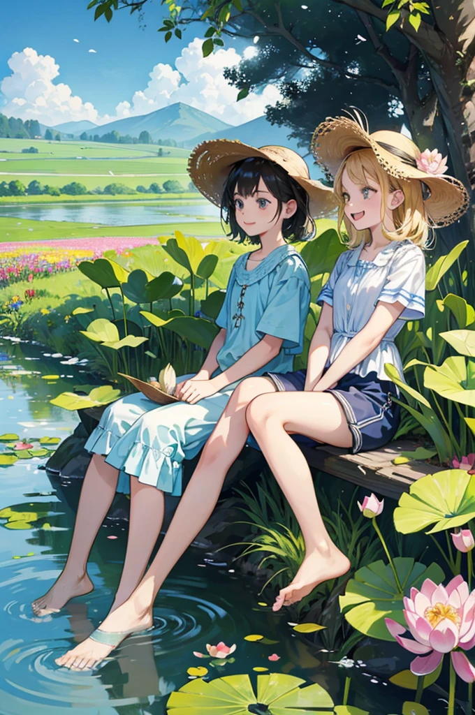 Two lively ,They all wore straw hats,Wear short sleeves and shorts,Roll up your trouser legs,Sitting by the clear pond and laughing,There are tall lotus leaves in the stream。Surrounded by lush greenery and a vast expanse of gorgeous flowers;They contrast beautifully with the blue sky and the hills in the distance.,It forms a peaceful and beautiful picture;In the foreground is a field of colorful flowers。