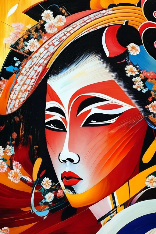A traditional portrait of a Japanese geisha, executed in the abstract expressionism style, reveals a captivating image of ethereal beauty and subtle emotion. layered strokes of dark, dramatic colors create an air of mystery and allure, as the geisha's delicate features emerge from the canvas. The background is a swirling abyss of brushstrokes, reflective of the artist's mastery of this distinctive style. Exquisitely detailed yet imbued with an intangible sense of movement and emotion, this oil painting is a testament to the enduring allure of the Japanese geisha and the captivating power of abstract expressionism. Reminiscent of a masterpiece, this