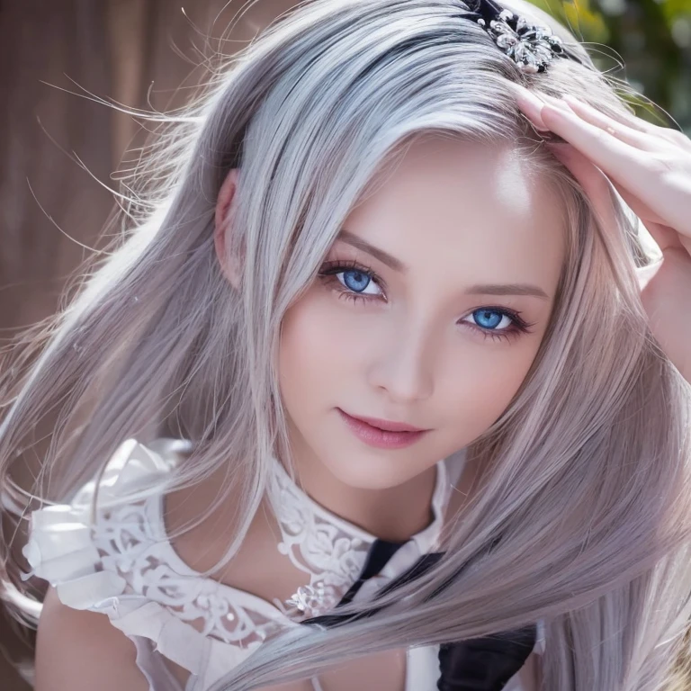 (best quality, very detailed, Realistic photos:1.37), silver haired woman, magical blue eyes, Happy woman beats eggs with chopsticks, soft light, pink apron, illustration, smooth, flowing hair, Gentle breeze, shiny hair, thick egg whites, Close-up of black stockings, mitt, chef hat.