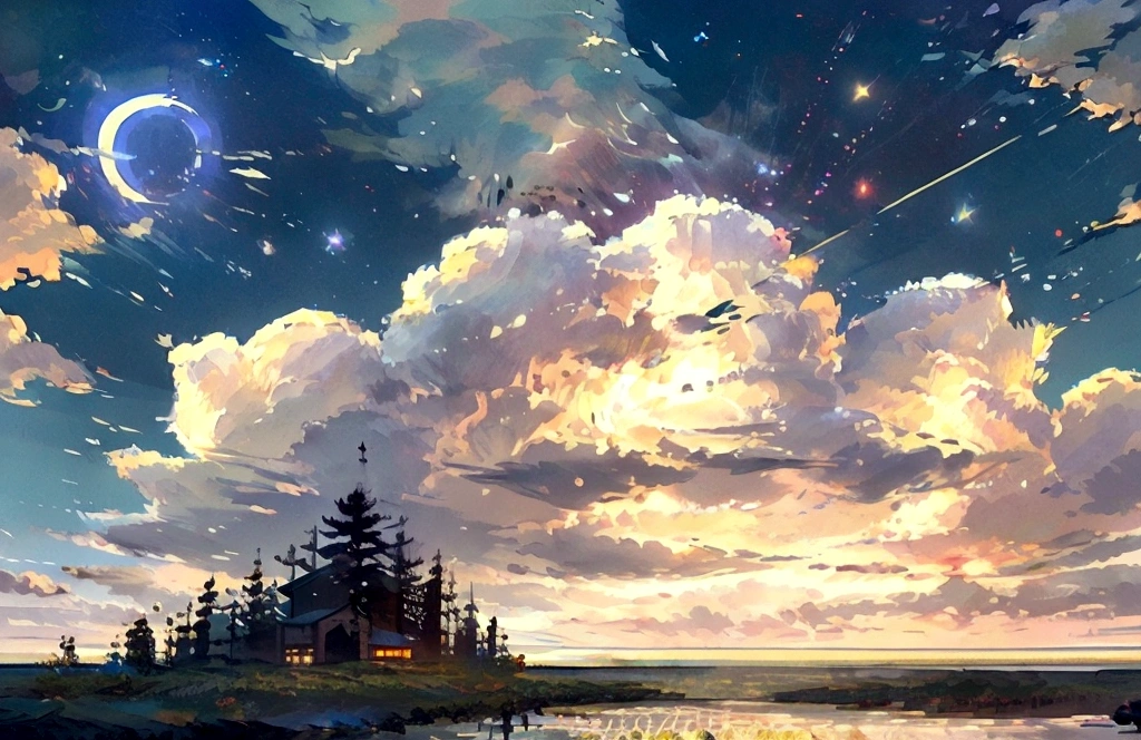 Create a background image for a YouTube banner that captures the essence of the channel 'Lofi Solitude Sounds,' which focuses on lo-fi music perfect for nights when one feels . The themes to emphasize are solitude, silence, the depth of night, and sentimentality. The background should be a dark, night-time scene with subtle elements such as faint stars, a moon, and perhaps a calm, serene lake or quiet cityscape in the distance. The overall style should be soft and sentimental, reflecting a sense of quiet and solitude, without any people or characters in the image
