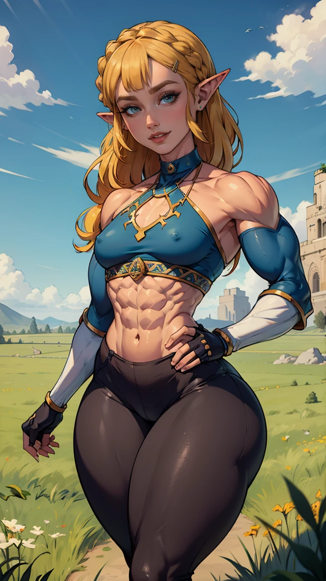 (Muscular:1.6), (thick thighs:1.7),
princess_zelda_aiwaifu, pointy ears, braid, hair ornament, hairclip, fingerless gloves, blue shirt, (halter top), crown braid, long sleeves, (blunt bangs:1.5), green eyes, sidelocks, thick eyebrows, (black pants, tight pants:1.3), (big smile:1.3), (long blonde hair:1.2),
(flat chest:1.9),
eyeshadow, lipstick,
looking at viewer, (three quarter view), upper body view,
rim lighting, detailed skin, detailed eyes, grassy field
