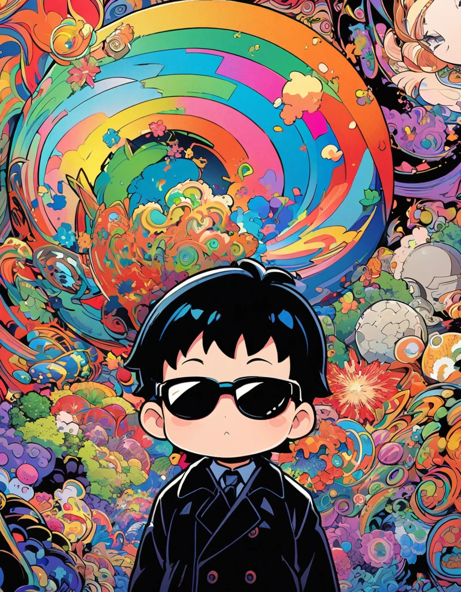 漫画城市猎人style，5-year-old baby boy，Black trench coat，sunglasses，Big back，Full body portrait，rich and colorful，Japanese manga artist Hojo Tsukasa&#39;style，Depth of Field，OC Renderer，Movie Lighting，very good，Very detailed，complicated，Viewing angle，CG art，