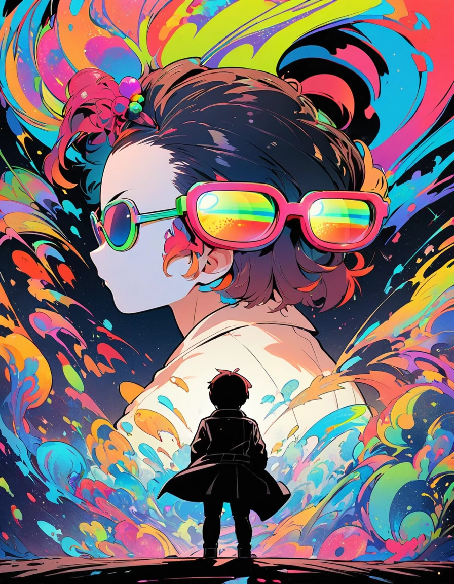 漫画城市猎人style，5-year-old baby boy，Black trench coat，sunglasses，Big back，Full body portrait，rich and colorful，Japanese manga artist Hojo Tsukasa&#39;style，Depth of Field，OC Renderer，Movie Lighting，very good，Very detailed，complicated，Viewing angle，CG art，