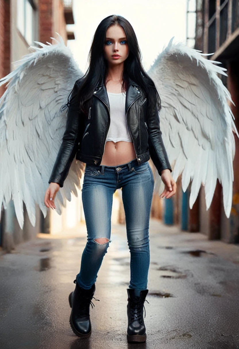 Girl with long black hair. She has blue eyes and her skin is white. She’s wearing a black leather jacket, blue jeans, and she has storage shoes. She has big white wings and she can fly. [Girl] [Wings] [Fantastic] [Beautiful]