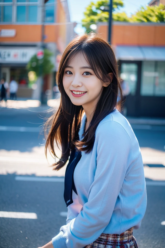 (8K, RAW Photos, Highest quality、masterpiece:1.2), (Realistic、Realistic:1.37), 1 girl, Laughter, View your audience, The background is blue sky, Sun glare, Blurred Background, Particles of light, Strong winds,