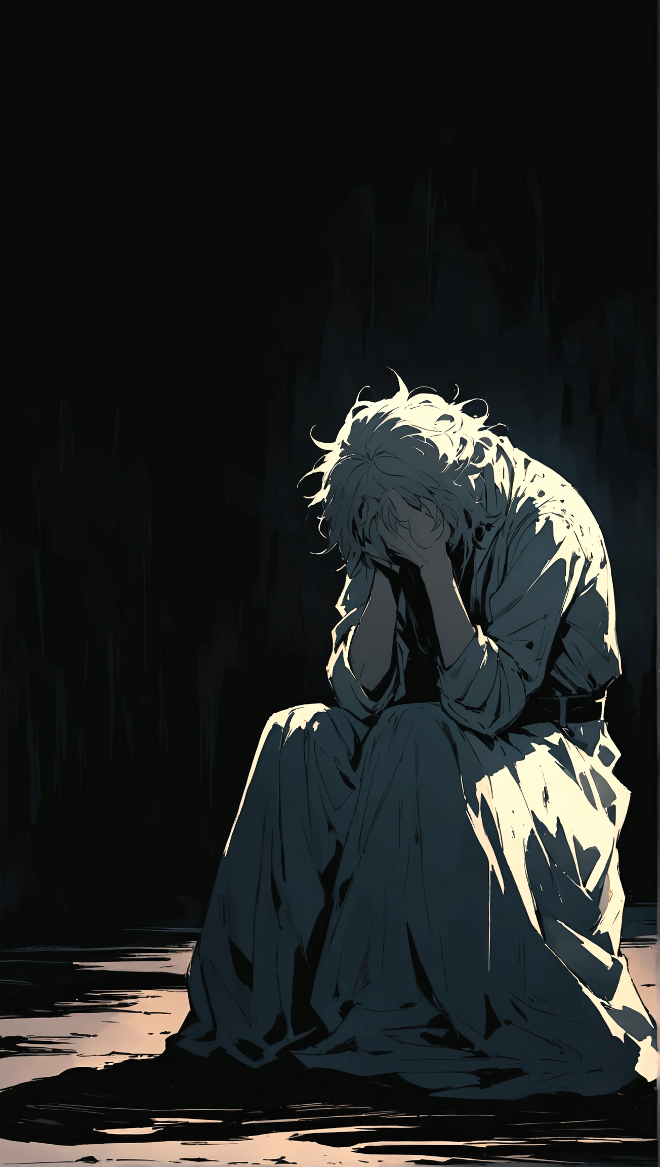 Illustration of a white-skinned man with disheveled hair, wearing torn clothes. He is sitting with his head bowed down, his face hidden in his hands, exuding a deep sense of regret, distress, and extreme sadness. His posture is slumped, and his body language conveys his emotional burden. The background should be somber and dimly lit, with shadows that emphasize his isolation and despair. The overall atmosphere should be melancholic and heavy, capturing the depth of his sorrow and regret.