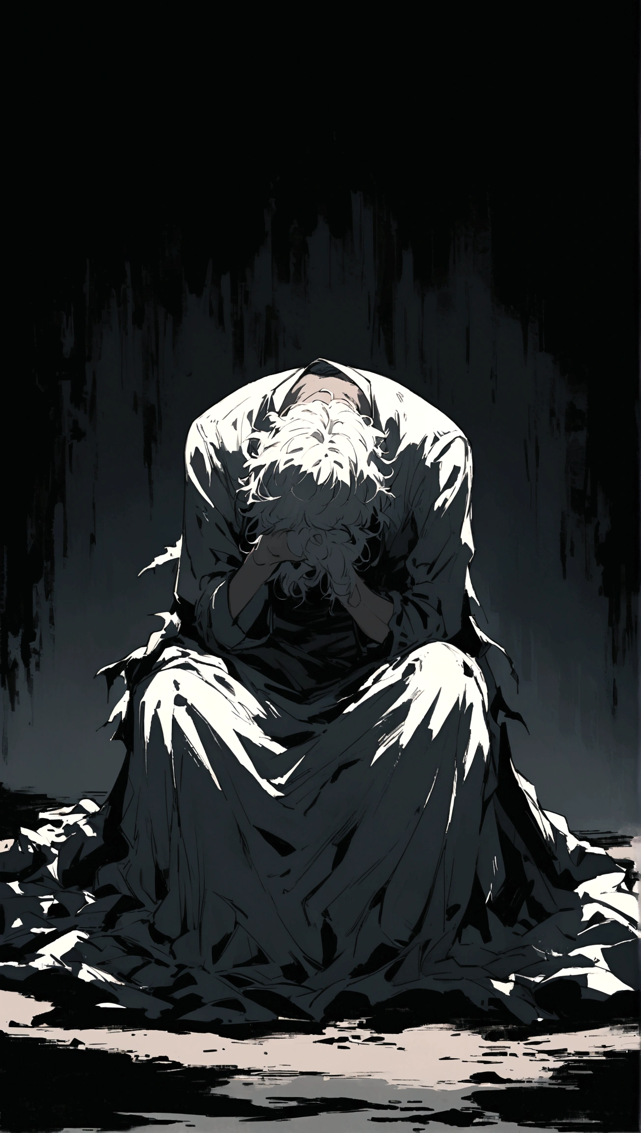 Illustration of a white-skinned man with disheveled hair, wearing torn clothes. He is sitting with his head bowed down, his face hidden in his hands, exuding a deep sense of regret, distress, and extreme sadness. His posture is slumped, and his body language conveys his emotional burden. The background should be somber and dimly lit, with shadows that emphasize his isolation and despair. The overall atmosphere should be melancholic and heavy, capturing the depth of his sorrow and regret.