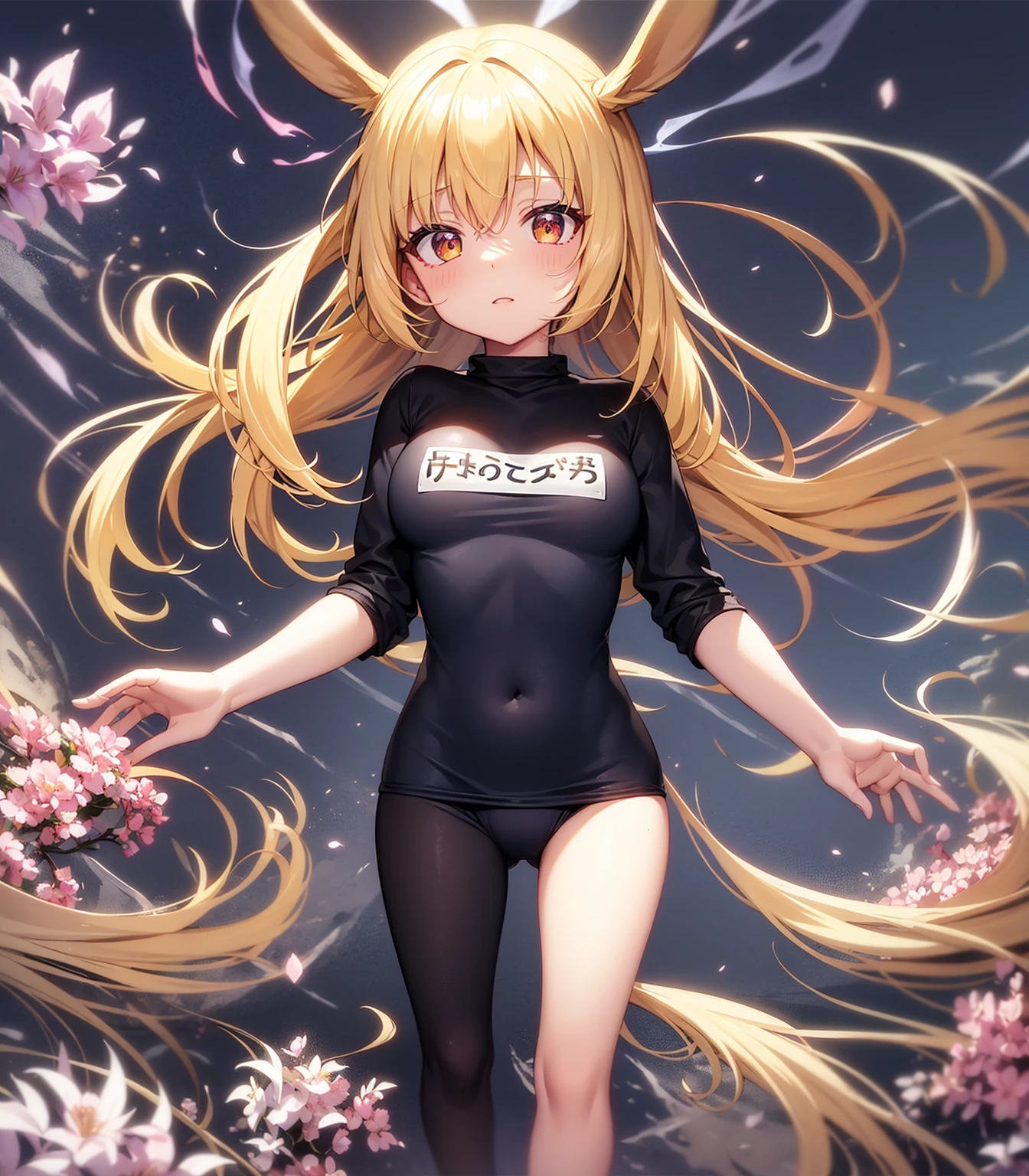 (School Swimsuit), Cute little loli,Tiny Lori,Small girl,,Childish face, Very fine clean face,Top quality, Big eyes,Straight Hair,Yellow hair,Crimson Eye,(Dark Room), Subtle light, Natural light,Soft lighting,Light from directly behind, (Are standing), Cute pose, Open your hands, Showing the whole body,Front view,Black background