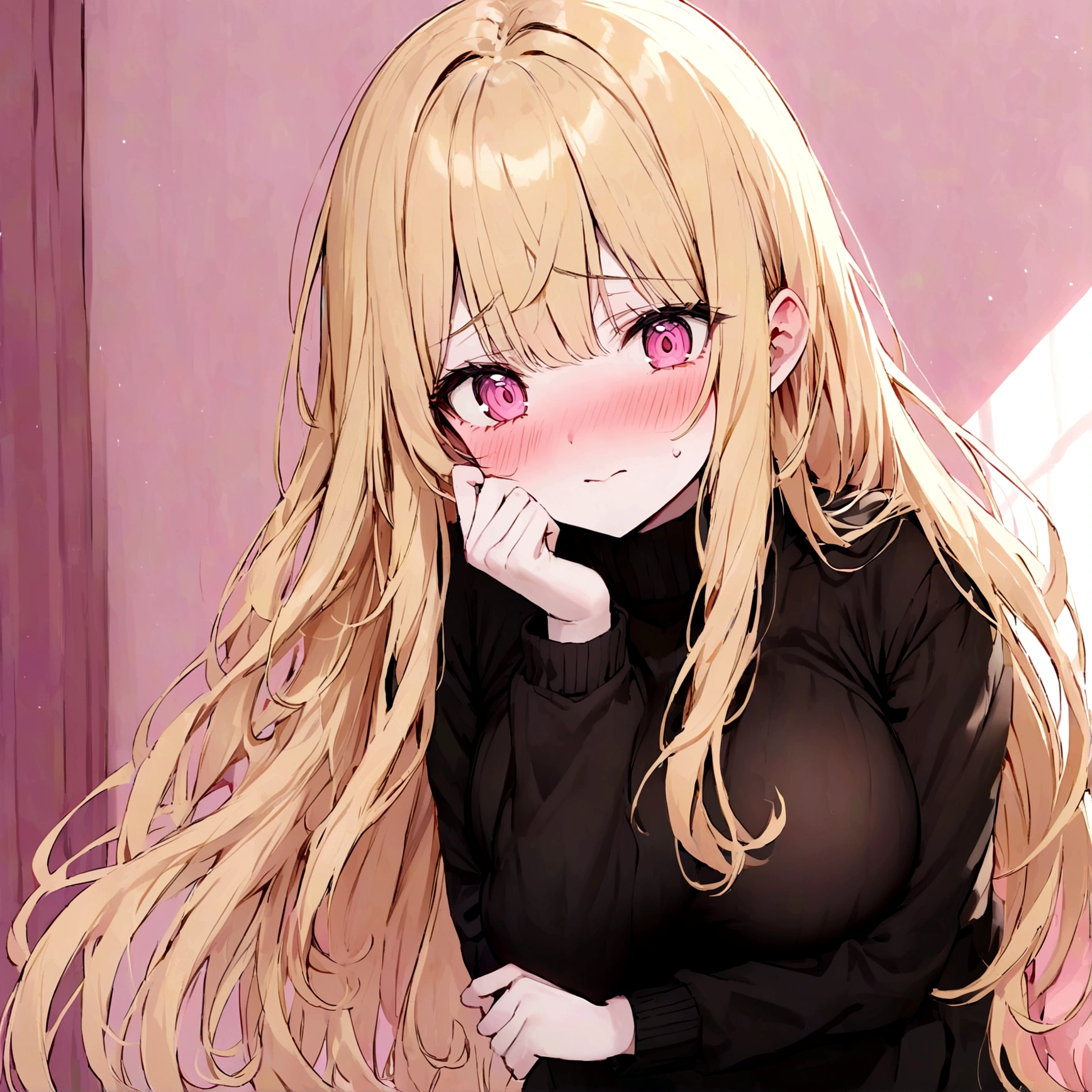 Young girl, posing shy but jealous, nervous and obsessive expression, blushing, large breasts, light, cold and slightly pinkish skin, possessive look, penetrating pink eyes, blond hair, long hair, black sweater, pink girly room background