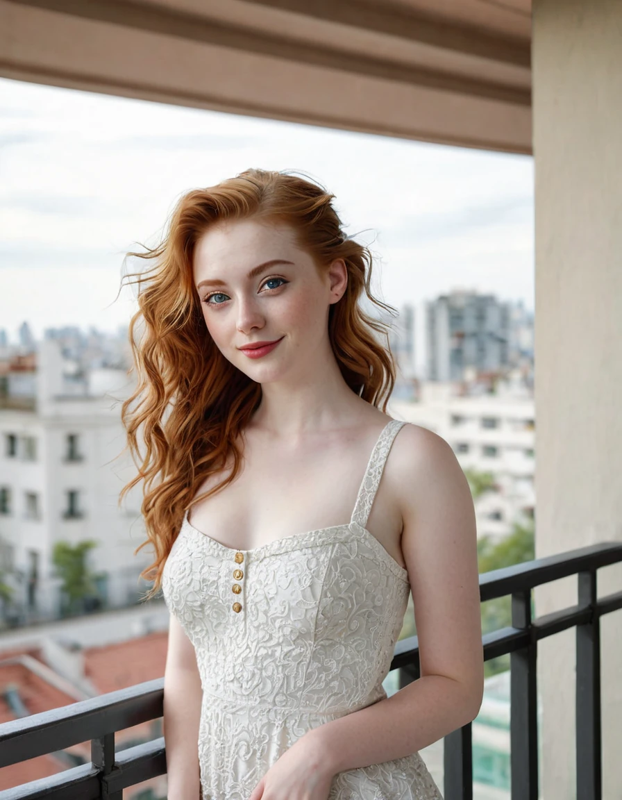 photography full body portrait of very beautiful realistic girl, standing on a balcony of an apartment, porcelain skin, very fair skin, very pale skin, redhead, wavy, ponytail, very detail skin texture, hazel eyes, slanted eyes, small nose, small nostril, think curved eyebrow, thick bottom lip, seductive gaze, happy face, unique face, wear casual dress, detail photo, realistic photo, master piece picture, sharp picture, outdoor clear daylight, cityscape background