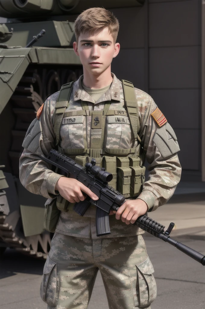 ((masterpiece)), ((best quality:1.2)), High Resolution, 8k, (ultra_realistic:1.3), (photorealistic:1.4), sharp focus, yaoi, 1boy, (perfect face), american soldier, caucasian, white man, handsome sexysoldier,,with military equipment,,name Donny.R with m416,full body