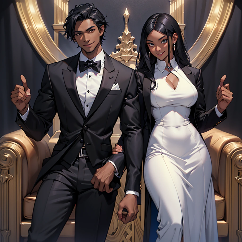 A woman, 22 years old, black skin, dark skin, mischievous smile, big breasts, mischievous smile, curious look, medieval period, wearing a suit, black suit, tuxedo, wearing a black tuxedo, medieval background, Ultra HD 4k , 4k, Ultra HD
