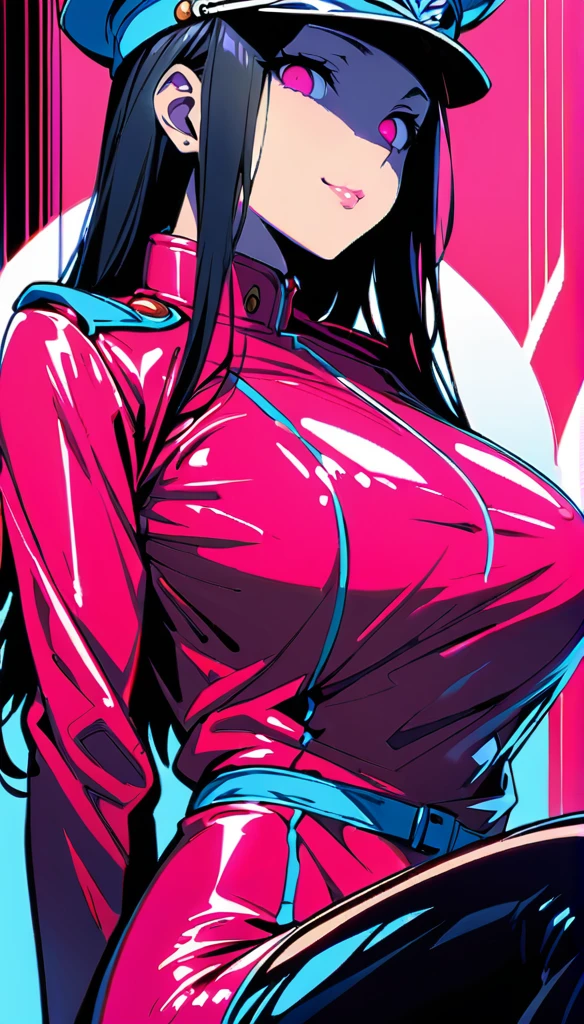 8k,masterpiece, cute,tall,beautiful,best quality, 1lady,black hair,long hair, beautiful eyes, (finely detailed empty pupils and detailed face),,,,extremely detailed cg unity 8k wallpaper,solo,(latex military costume:0.9),large breasts,seductive smile,military hat,latex thighhigh,large breasts,black hair,pink eyes,pink leotard,pantyhose,military coat,enamel suits,grossy lips,sitting,bust shot,sadistic smile,,heel,shiny skin,military coat,detailed face,beautiful body,
