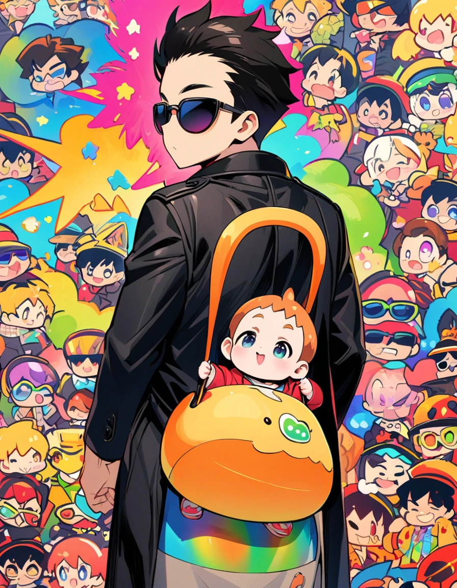 漫画城市猎人style,5-year-old baby boy,Black trench coat,sunglasses,Big back,Cute and adorable,Full body portrait,rich and colorful,Japanese manga artist Hojo Tsukasa'style,Depth of Field,OC Renderer,light,very good,Very detailed,complicated,Viewing angle,CG art,