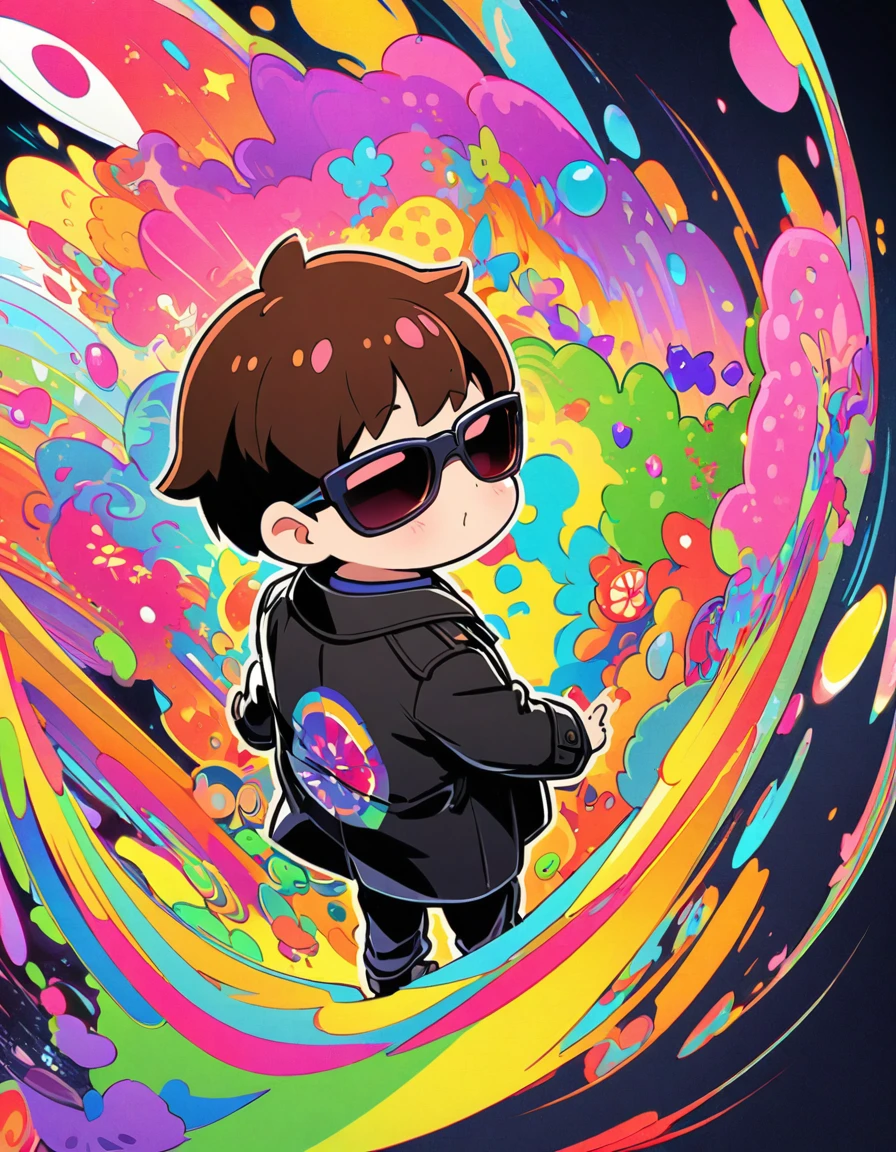 漫画城市猎人style，5-year-old baby boy，Black trench coat，sunglasses，Big back，Cute and adorable，Full body portrait，rich and colorful，Japanese manga artist Hojo Tsukasa&#39;style，Depth of Field，OC Renderer，light，very good，Very detailed，complicated，Viewing angle，CG art，