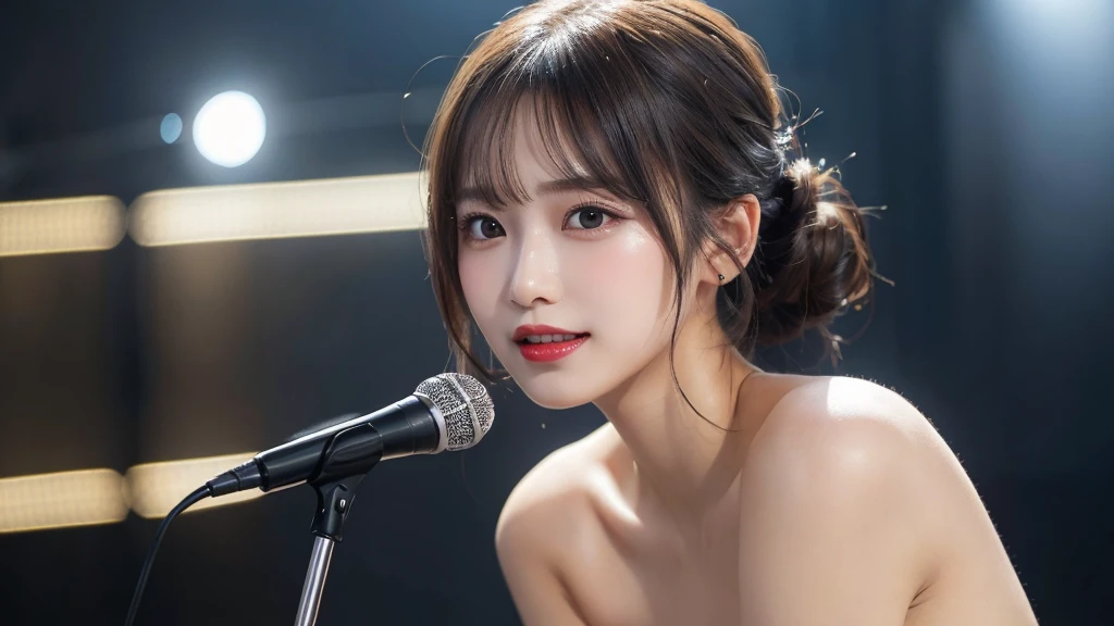 (masterpiece:1.3), high resolution, ultra detailed, extremely detailed CG unity 8k wallpaper, realistic, photo-realistic, RAW photo, beautiful detailed face, pale skin, realistic glistening skin, detailed cloth texture, detailed hair texture, Perfect body, Beautiful Face, accurate, Anatomically correct, Highly detailed face and skin texture, natural neck length, (beautiful hands), (fair skin:1.1), (well-aligned teeth:1.1), (Sweaty skin:1.2), 
BREAK, 
Detailed eyes, symmetric eyes, Light Brown eyes, Double eyelids, Thin eyebrows, (Glossy lips:1.4), ((A face with waiting for a kiss:1.2)), (blush:1.1), (A sparkling small hair accessory:1.1), (beautiful smile:1.1), (having microphone:1.3),
BREAK, 
(A classy and Cute idol:1.3), (nude, nsfw, very erotic nipple:1.4), 
BREAK, 
medium large breasts, slender figure, firm abs, 
((half updo, black hair, bangs:1.2)),  (cowboy shot:1.2), (looking at viewer), cowboy shot, From above, 
BREAK, 
 (singing on stage:1.3),