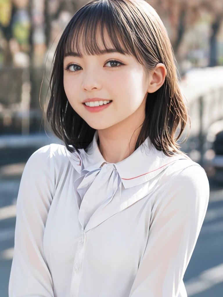 raw photo, 1girl, cute face, beautiful face, medium breast, collared blouse, White blouse, light smile, Upper body, detailed skin, pore, simple background, photorealistic, anatomically correct, masterpiece, best quality, UHD