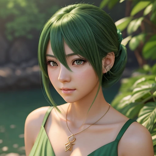 a close up of a woman with a green dress and a necklace, artwork in the style of guweiz, realistic anime 3 d style, beautiful anime portrait, anime realism style, detailed portrait of anime girl, beautiful character painting, by Yang J, stunning anime face portrait, realistic anime artstyle, portrait of an anime girl, beautiful anime style