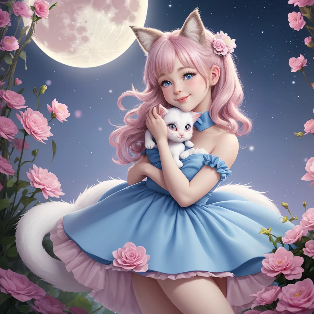 A kitten with a tiny tail, a small nose, Little Ears, blue colored eyes, pink back ground, flowers, vases, dreams, gaping mouth, ssmile, Caroline Chariot-Dayez pastries, tumblr, furry art,  disney's bambi cat, disney stylized furry, ears floating, cuddly tail, cuddly '', cuddly !!!, high resolution, furry art!!! the moon, small in size