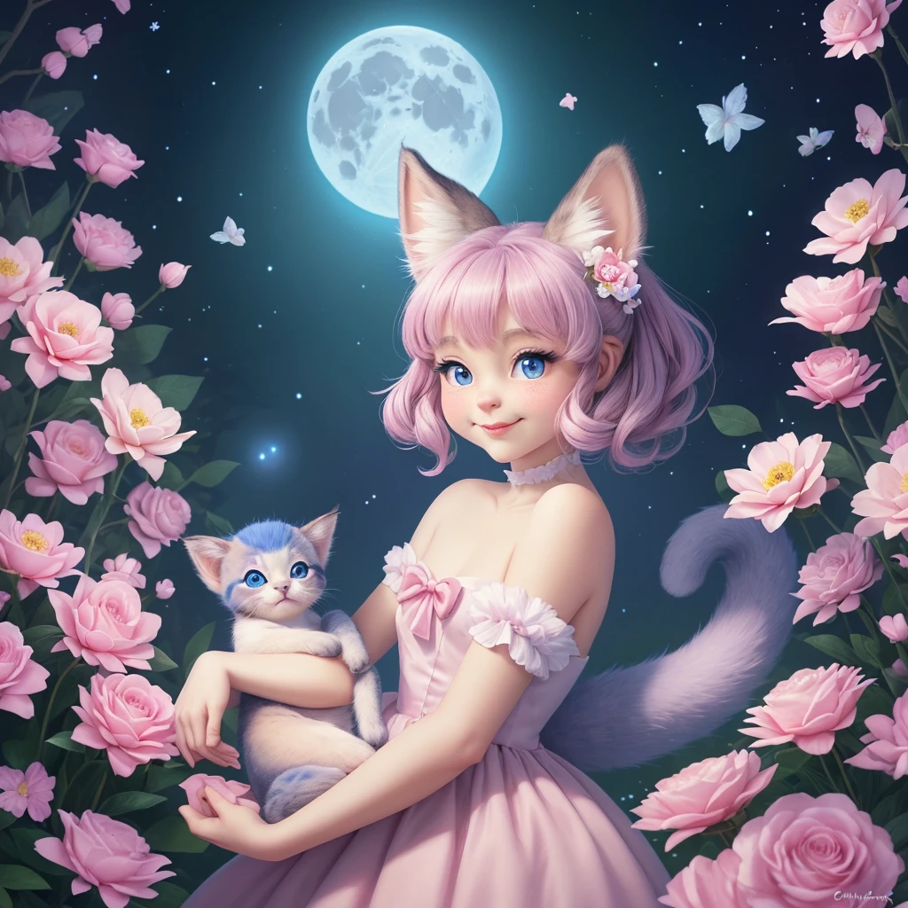 A kitten with a tiny tail, a small nose, Little Ears, blue colored eyes, pink back ground, flowers, vases, dreams, gaping mouth, ssmile, Caroline Chariot-Dayez pastries, tumblr, furry art,  disney's bambi cat, disney stylized furry, ears floating, cuddly tail, cuddly '', cuddly !!!, high resolution, furry art!!! the moon, small in size