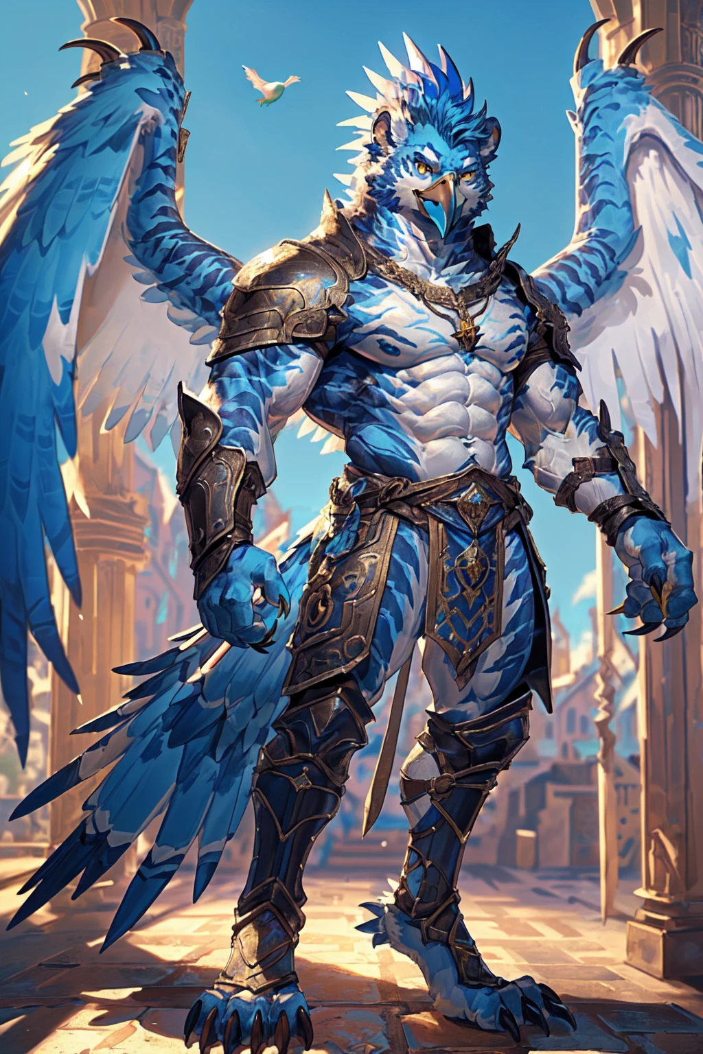 ((middle Ages:1.3,Sky:1.6)),(Royal Family:1.2),sunny,high resolution,4K,【Strike a pose:1.5】,masterpiece,high quality,((Griffin)),male,Furry,(teenager:1.3),hairy,((Fierce and vicious:1.4)),(((Strong body:1.4,Big Wings:1.3,Bird claws子:1.3))),(((Blue head:1.3,White abs:1.4))),(((White Wings:1.3))),(((Golden pupils:1.2))),(((Bird claws:1.3))),(((Long legs:1.3))),((No shirt,No underwear)),Exquisite eyes,Detailed body,Detailed claws,Detailed feet
