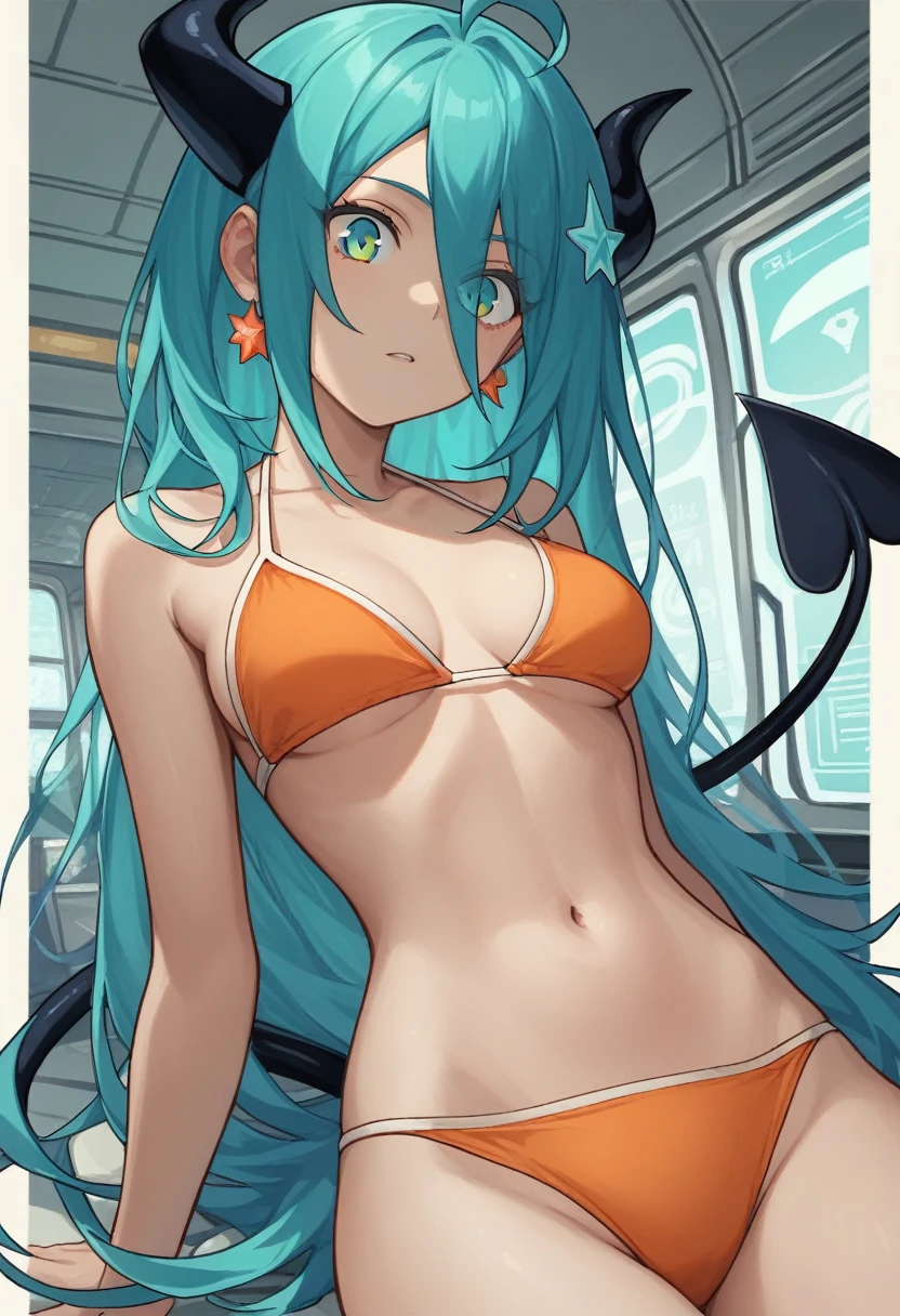 score_9, score_8_up, score_7_up,1 daemon woman, black demon horns, black demon tail, (aquamarine hair),aquamarine green color hair,ahoge, long hair, (long hair),bangs, light orange bikini, bikini is orange, bikini orange, orange bikini!, (aquamarine eyes), background is spaceship, aquamarine eyes, 1woman ,facing viewer, daemon girl, close up,Well-endowed, alone, Spacecraft interior