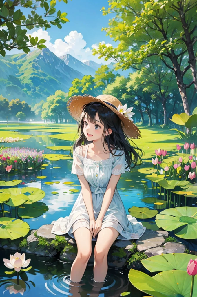 Several lively and cute children，Black hair，They all wore straw hats，They are wearing short sleeves and shorts，Roll up your trouser legs，Sitting by the clear pond and laughing，There are tall lotus leaves in the stream。Surrounded by lush greenery and a vast expanse of gorgeous flowers；They contrast beautifully with the blue sky and the hills in the distance.，It forms a peaceful and beautiful picture；In the foreground is a field of colorful flowers。