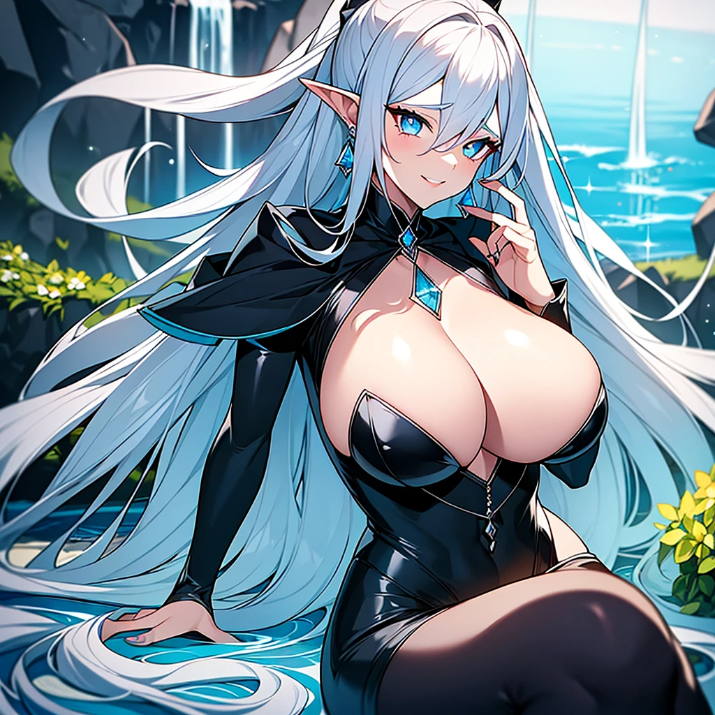 Full body image of a white-skinned woman, Perfect beauty,Masterpiece, long white hair up in ponytail style, symmetrical face, perfect smile,big well defined eyes, well detailed sapphire blue pupils,long pointed ears, Red lips, silver earrings with sapphire in the center in the shape of tears in the ears, long silver necklace with a diamond-shaped sapphire in the center on the chest, very big breasts, thick legs, low-cut blue blouse,a black cape on the back with the lapels raised,tight-fitting matte black leather pants, black heeled ankle boots, sitting on a rock surrounded by colorful flowers,a lake with crystal clear waters with a waterfall in the background.