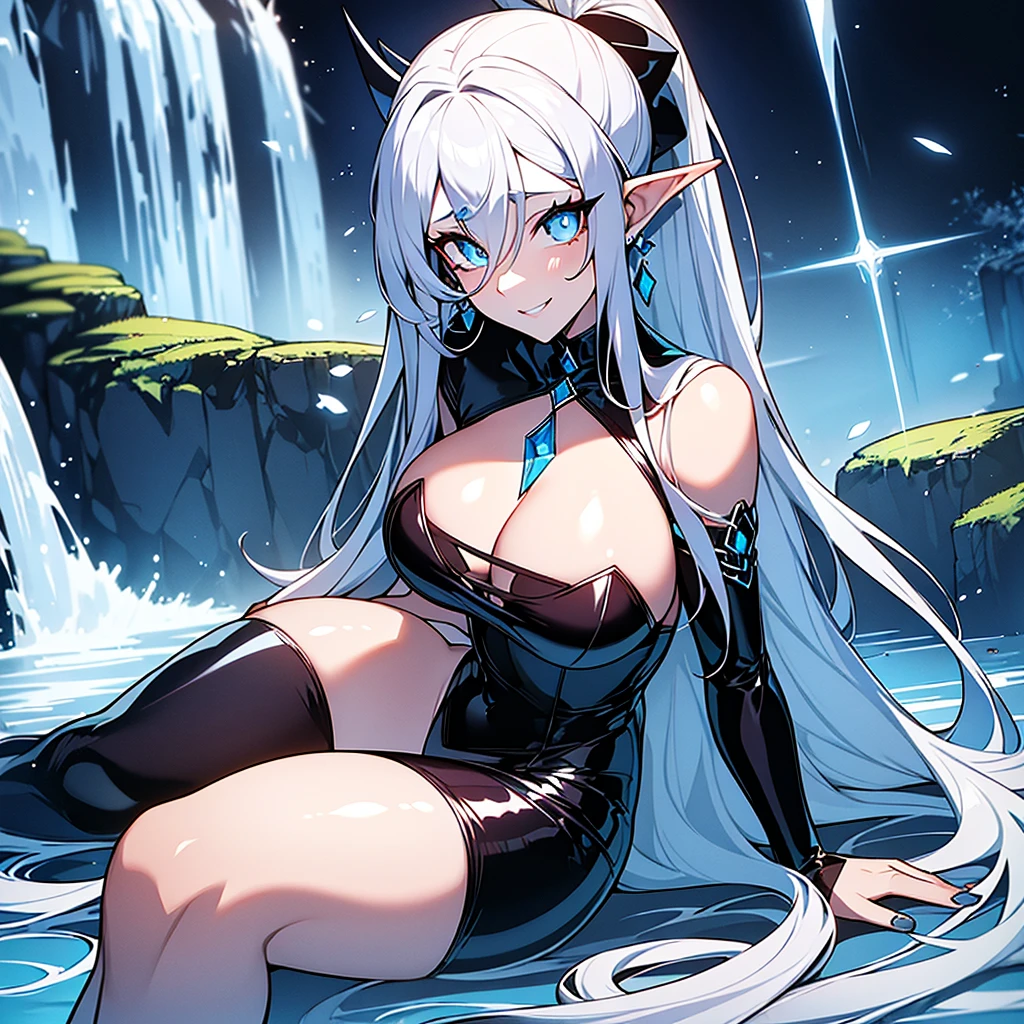 Full body image of a white-skinned woman, Perfect beauty,Masterpiece, long white hair up in ponytail style, symmetrical face, perfect smile,big well defined eyes, well detailed sapphire blue pupils,long pointed ears, Red lips, silver earrings with sapphire in the center in the shape of tears in the ears, long silver necklace with a diamond-shaped sapphire in the center on the chest, very big breasts, thick legs, low-cut blue blouse,a black cape on the back with the lapels raised,tight-fitting matte black leather pants, black heeled ankle boots, sitting on a rock surrounded by colorful flowers,a lake with crystal clear waters with a waterfall in the background.