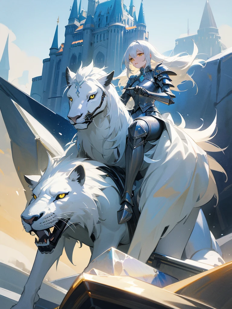 a white-haired woman with yellow eyes in silver armor riding a white lion with a blue mane, in the background a castle made of crystals and ice.