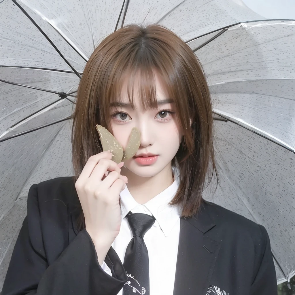 Milk tea gold short hair,Background umbrella