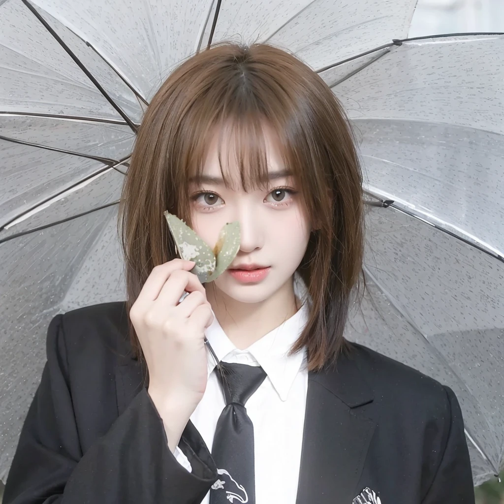 Milk tea gold short hair，Background umbrella